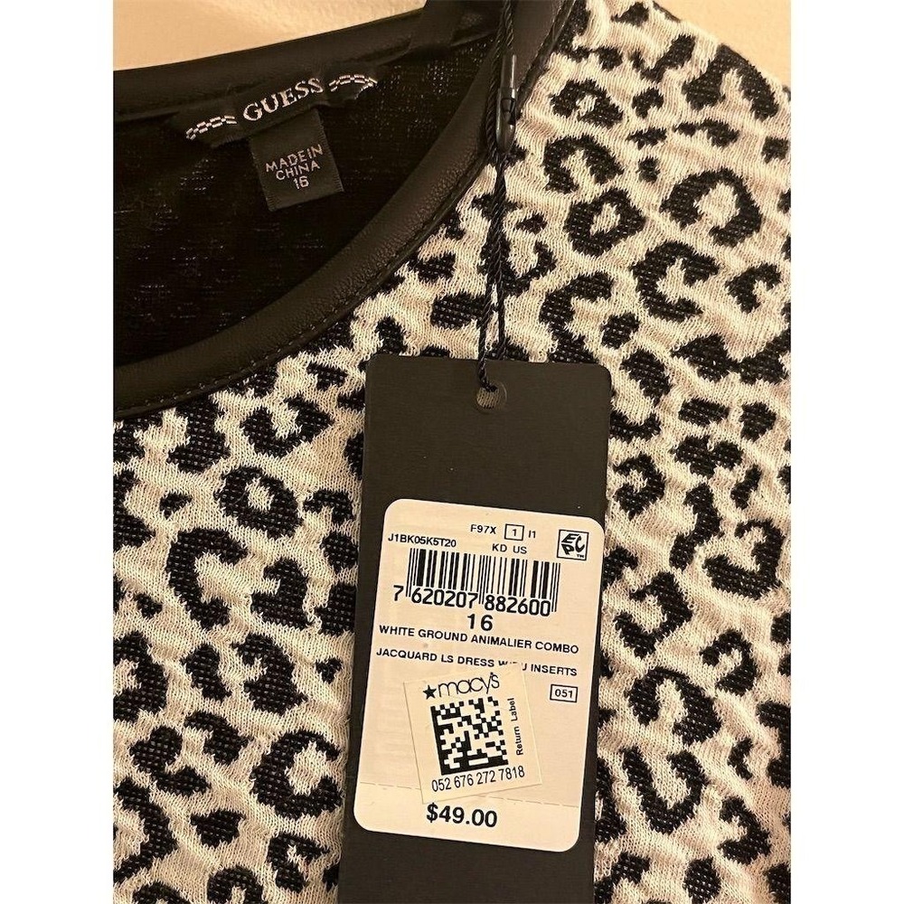 Guess Girls White Leopard Animalier Jacquard Dress Faux Leather Trim Size 16 NEW - Picture 3 of 10